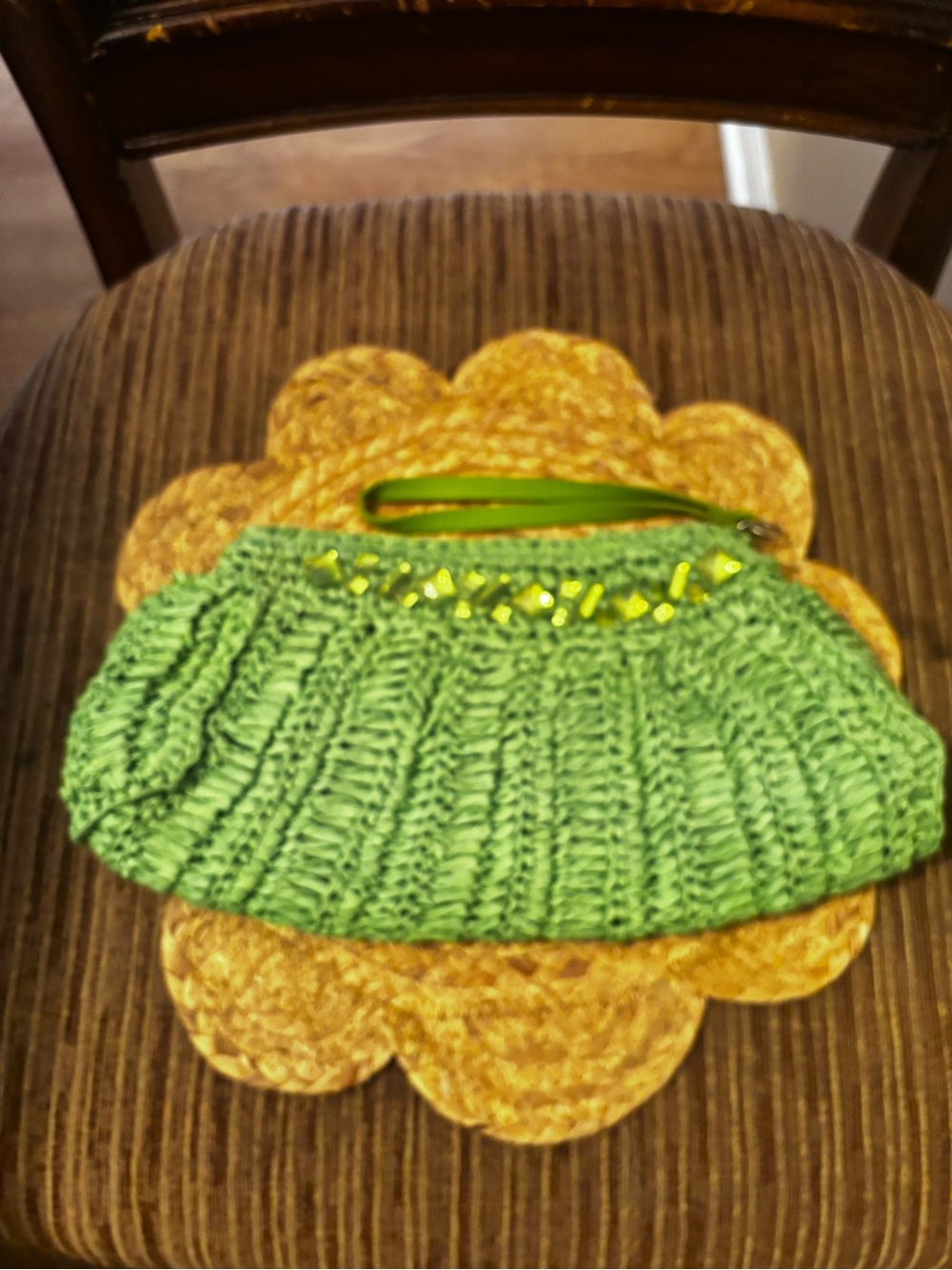 Sun & Sand Green Beaded Woven Clutch Wristlet | Textured Ruched Evening Handbag